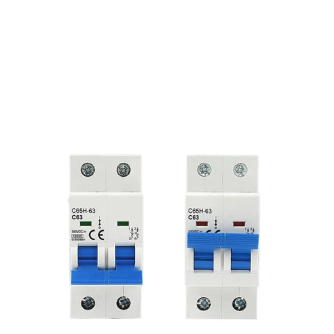 Heavy Duty 2P DC MCB Circuit Breaker 6KA 500V Battery Main Switch Featuring Premium Flame Resistant Housing, front view.