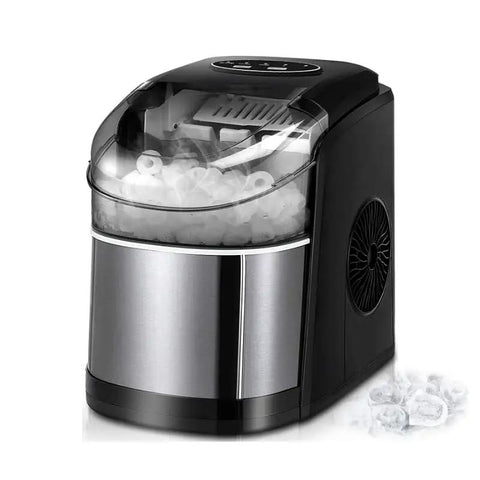 Portable Countertop Ice Maker Electric Machine Whip Up Fresh Cylindrical Cubes In Minutes compact size with visible ice.