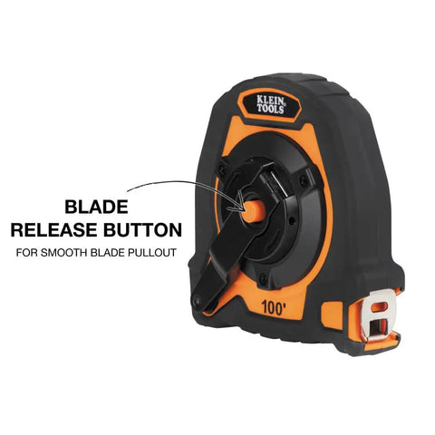 Closed Reel Tape Measure With 100 Foot Nylon Coated Blade Fast Three To One Gear Retracting Smooth Release Button And Safe Hook Storage