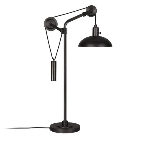 Dope 33.5 Inch Tall Industrial Table Lamp With Solid Wheel Pulley System And Blackened Bronze Metal Shade, Geometric Base, Perfect For Living Room Or Desk, Fits 60W Incandescent Or LED Bulbs