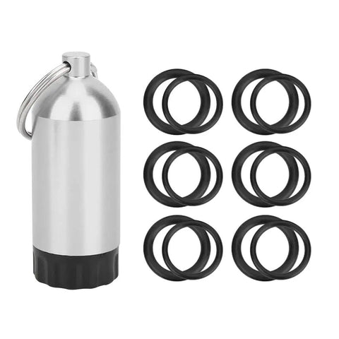 13 Piece Scuba Diving Tank Ring Kit With 12 O Rings 6 Thick 6 Slim For Cylinder Valves Regulators Paintball Bottles And Air Rifles Includes Mini Tank Key Ring Must Have Dive Gear Seal Set image shows silver mini tank keyring with O rings.