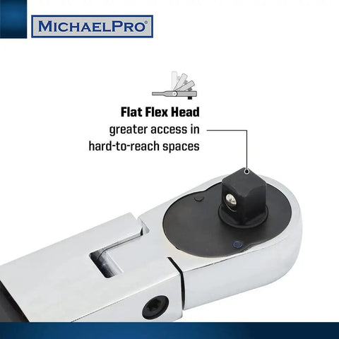 Close-up of Half Inch Drive Split Beam Torque Wrench With Flex Head, 40 to 250 ft-lb Range, showing flat flex head feature.