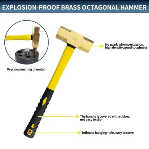 Yellow explosion-proof brass octagonal hammer with rubber grip and hanging hole