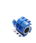 Top Shelf Four Wing Tongue And Groove Shaper Cutter With One Two Five Inch Bore and Heavy Duty Carbide Blades, blue design.