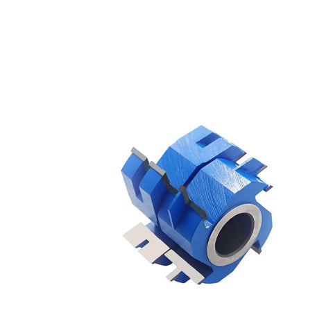Top Shelf Four Wing Tongue And Groove Shaper Cutter With One Two Five Inch Bore and Heavy Duty Carbide Blades, blue design.