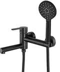 Dope Matte Black Wall Mount Bathtub Faucet With Hand Shower And Long Reach Spout 9.25 Inch Folding Spout Tub Filler Brass Construction And ABS Hand Shower Lifetime Warranty, showing side view of faucet and shower head.