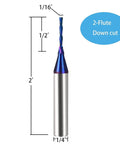 Carbide plunge-down end mill, 1/16 in dia, 1/4 in shank, 2-flute, blue Nanco coating for wood carving and engraving