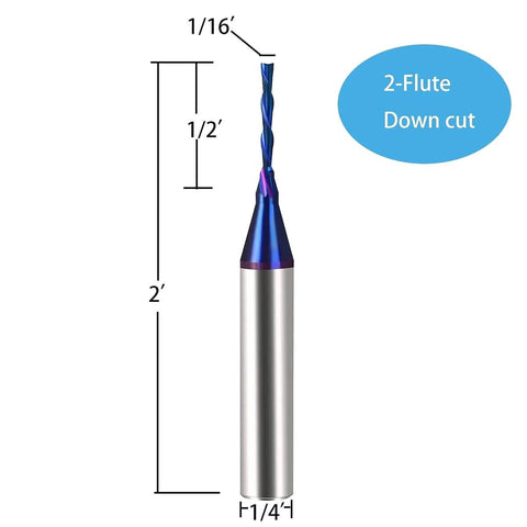 Carbide plunge-down end mill, 1/16 in dia, 1/4 in shank, 2-flute, blue Nanco coating for wood carving and engraving