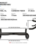 Ultralight Carbon Road Bike Drop Bars 31.8 Clamp, 400/420/440Mm Width, 123Mm Drop, 77Mm Reach, UD Matte Finish, 180G T800 Carbon