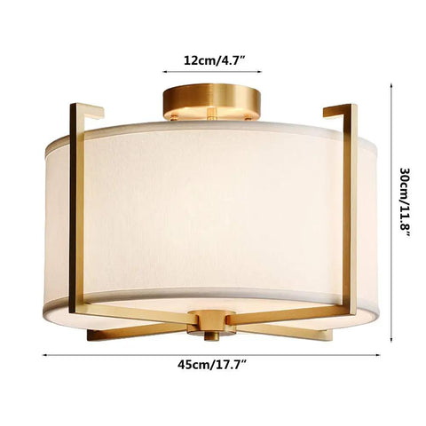 Dope Brushed Brass Four Light Flush Mount Ceiling Light With Drum Fabric Diffuser Mid Century Modern Indoor Ceiling Fixture