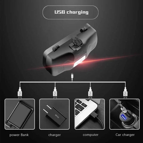 Red LED Hunting Headlamp With Rechargeable Battery showing USB charging options, including power bank, charger, computer, and car charger.