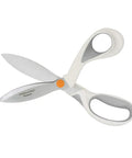 PowerCut SoftGrip Fabric And Mixed Media Scissors Built Tough For Crafting 8 Inch Heavy Duty Serrated Blade That Slices Fabric Cardboard Cork Foam And More With Precision Curved Edge. White 8-inch scissors with serrated blade and soft grip handles.