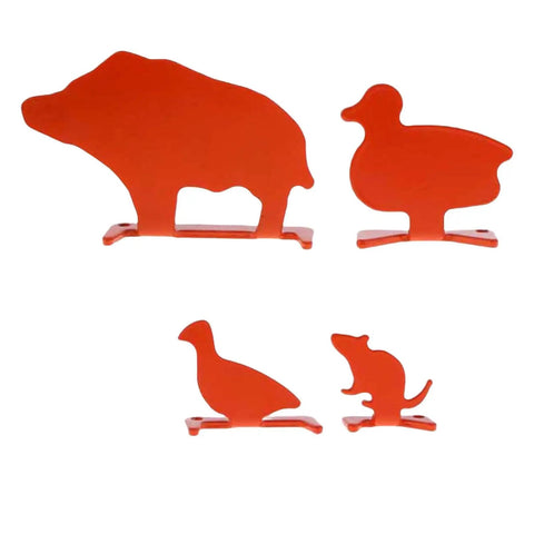 Metal Knockover Animal Target Set For Backyard Shooting Practice, 4 Orange Silhouette Targets on white background