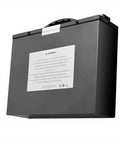 Heavy Duty Replacement Battery For Electric Stair Climbing Hand Truck Dolly black lithium power cell with warning label on back.