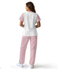 Back view of Stethoscope Teeth Print Scrubs Set for Women Pink Pants 2 Piece Nursing Uniform Featuring V Neck Top and Straight Leg Pants