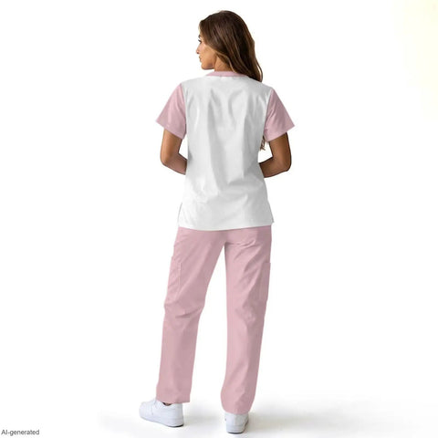 Back view of Stethoscope Teeth Print Scrubs Set for Women Pink Pants 2 Piece Nursing Uniform Featuring V Neck Top and Straight Leg Pants