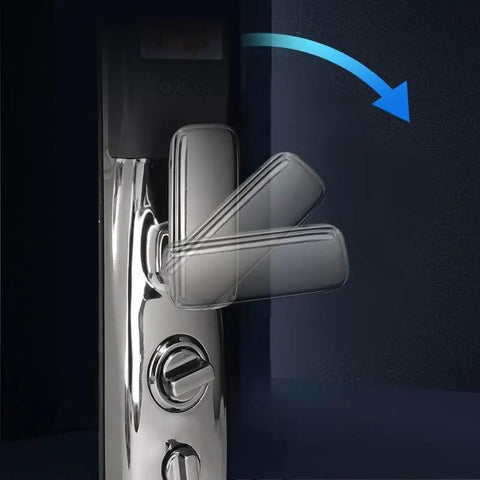 Level Up Your Home Security With This Fully Automatic Fingerprint Lock And Bright Display Made For Wooden Doors showing sleek chrome lever and display features.