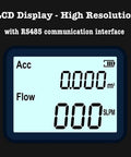 LCD display of Portable Gas Flow Meter For Nitrogen, Oxygen And Air MEMS Based Mass Flow Meter showing accumulation and flow rate.