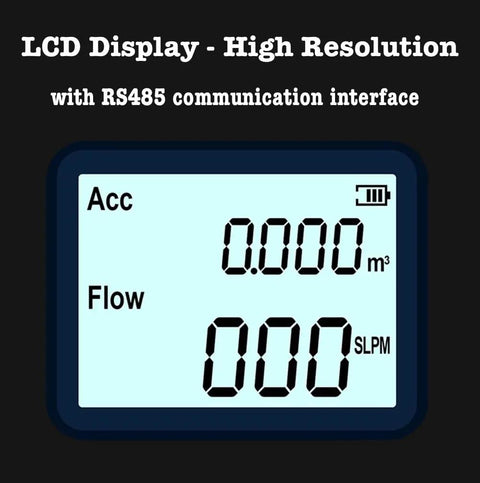 LCD display of Portable Gas Flow Meter For Nitrogen, Oxygen And Air MEMS Based Mass Flow Meter showing accumulation and flow rate.