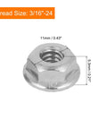Top Notch Serrated Flange Hex Lock Nuts 50 Pack Crafted From Durably Strong 304 Stainless Steel Full Thread Non Slip Fasteners With A Slick Bright Silver Finish For Every Rig And Project: 3/16"-24 thread size, serrated flange design.