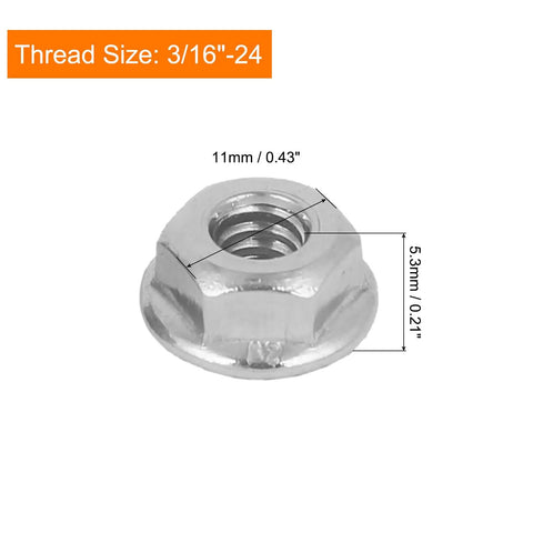 Top Notch Serrated Flange Hex Lock Nuts 50 Pack Crafted From Durably Strong 304 Stainless Steel Full Thread Non Slip Fasteners With A Slick Bright Silver Finish For Every Rig And Project: 3/16"-24 thread size, serrated flange design.