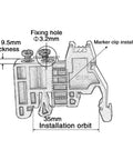 Technical diagram of 10 Pieces E UK DIN Rail Terminal Block End Stopper Bracket for 35mm wide rail, gray Nylon PA66 housing.