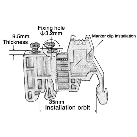 Technical diagram of 10 Pieces E UK DIN Rail Terminal Block End Stopper Bracket for 35mm wide rail, gray Nylon PA66 housing.
