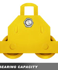 Front view of Manual Trolley Built For Heavy Lifting With 6600 Lbs Capacity Up To 3 Tons, Push Beam Trolley For I Beam, yellow dual wheel