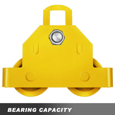 Front view of Manual Trolley Built For Heavy Lifting With 6600 Lbs Capacity Up To 3 Tons, Push Beam Trolley For I Beam, yellow dual wheel