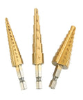 Three Piece Pro Grade Titanium Coated HSS Step Drill Bit Set For Metal Wood Plastic And Aluminum With One Quarter Inch Hex Shank Dual Flute For Clean Holes And Fast, Easy Drilling In Stainless Steel, showing front view of bits.