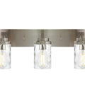 Front view of Go To Brushed Nickel Vanity Light 3 Light Modern Bathroom Fixtures Over Mirror With Hammered Glass Shade