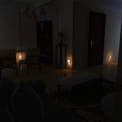 Plug In Dimmable LED Night Light With Auto Dusk To Dawn Sensor softly illuminating a living room at night