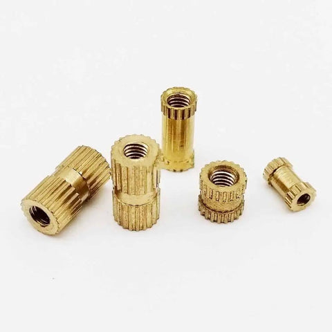 25 Pack Solid Brass Knurl Insert Nuts M2 M2.5 M3 Metric Threads Round Shape OD Options For Heavy Duty Projects And Tight Fits in varying sizes.