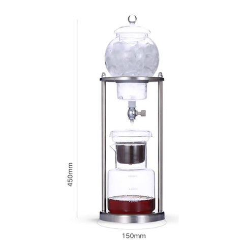 Top Shelf Cold Brew Drip Tower And Iced Coffee Maker With 21 Oz Detachable Borosilicate Carafe and Heavy Duty Steel Rack in profile view.