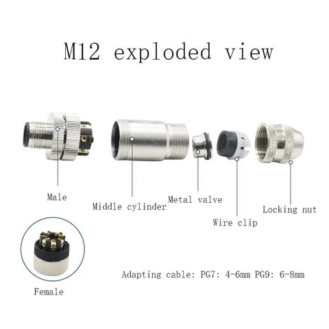 M12 5 Pin Male Connector B Coding Circular Field Wireable IP67 Waterproof Shielded Metal Shell Built Tough Straight Type Adapter