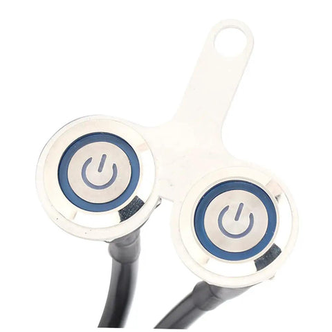 Dual Stainless Steel Handlebar Headlight Switch With Bright Blue LED Power Indicator, front view of two switches.