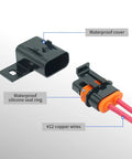 Kickass Rig Ready IP67 Waterproof Inline ATO ATC Blade Fuse Holder 30 Amp With Secure Cover And 12 AWG Wire For Auto Marine And Fishing Boat Electrical Systems 2 Pack showing waterproof cover, seal ring, and #12 copper wires.