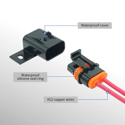 Kickass Rig Ready IP67 Waterproof Inline ATO ATC Blade Fuse Holder 30 Amp With Secure Cover And 12 AWG Wire For Auto Marine And Fishing Boat Electrical Systems 2 Pack showing waterproof cover, seal ring, and #12 copper wires.