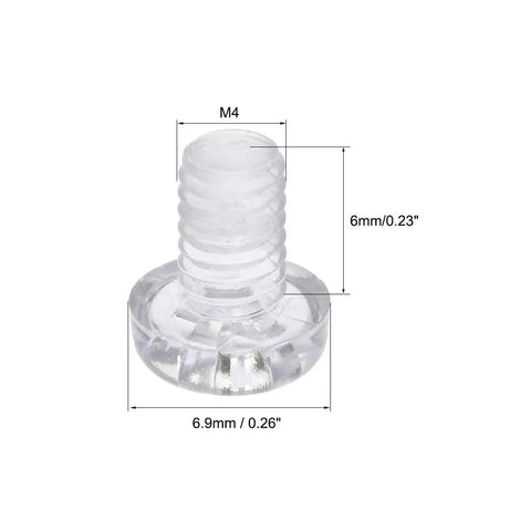 Transparent Plastic M4x6mm Hardware Screws With Phillips Cross Pan Head For Acrylic And PC Builds Smooth As Butter showing detailed dimensions.
