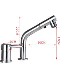 GAZOGJ Pullout Kitchen Faucet with Button Switch Flexible Hose and Modern Mixer Tap - Easy Installation Stylish Design for Home and Commercial Use,Ivory with measurements.