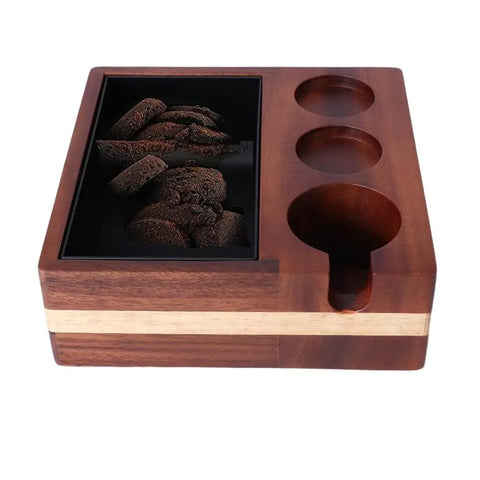 All In One Barista Grade Coffee Knock Box With 58mm Tamper, Distributor Holder, Portafilter Stand And Tamper Holder Station In Walnut Wood, Detachable Stainless Steel Knock Box