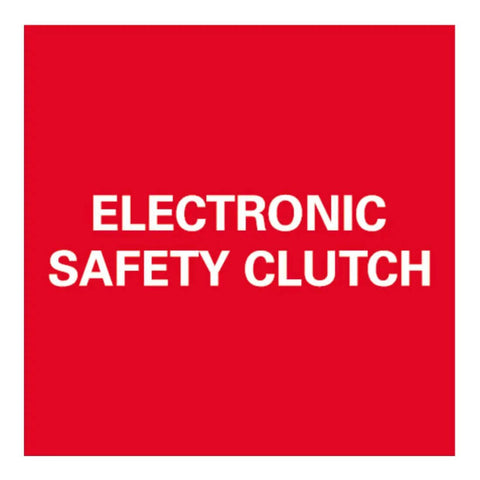Electronic Safety Clutch label on red background for Built Like A Tank Cordless Angle Grinder With 18 Volt Brushless Motor And Flex Tail Head For No Sweat Cutting And Grinding Work Ships In A Rock Hard Carry Box But Excludes Battery And Charger Lets You Pack Only What You Need For Tomorrow.