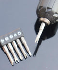 Heavy Duty 5 Pc 1/4 Hex Shank Magnetic Screwdriver Bit Set Featuring U Shape Y Type Inner Cross Three Point Special Heads Built Different With Durable S2 Steel For Power Drills Top Shelf Ace showing four specialized bits and magnetic holder.