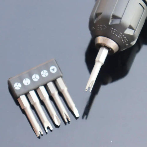 Heavy Duty 5 Pc 1/4 Hex Shank Magnetic Screwdriver Bit Set Featuring U Shape Y Type Inner Cross Three Point Special Heads Built Different With Durable S2 Steel For Power Drills Top Shelf Ace showing four specialized bits and magnetic holder.