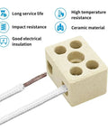 Ceramic terminal block wire connectors, cream porcelain block with six holes, white lead wires, 6-pack