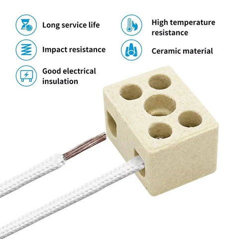 Ceramic terminal block wire connectors, cream porcelain block with six holes, white lead wires, 6-pack