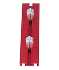 Red aluminum Planing Stop Kit With Pew Dog Positioning Clamp for workbench table, showing knurled metal knobs for precise adjustments.