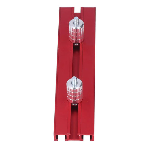 Red aluminum alloy Planing Stop Kit With Pew Dog Positioning Clamp for workbench, showcasing screws for rock solid hold, precise alignment.