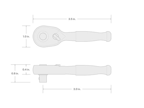 Diagram of Quarter Inch Drive Quick Release Stubby Ratchet With Three Inch Length, side and top view dimensions shown