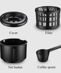 Parts of Premium Automatic Bean To Cup Coffee Maker including cover, filter, net basket, and coffee spoon in black.